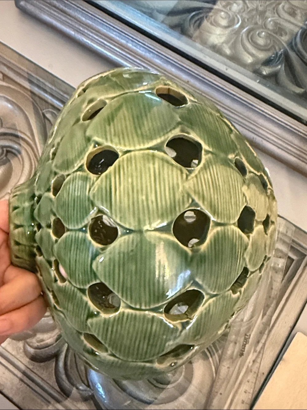 Vintage Green Leaf Reticulated Glazed Ceramic Lantern Vase
